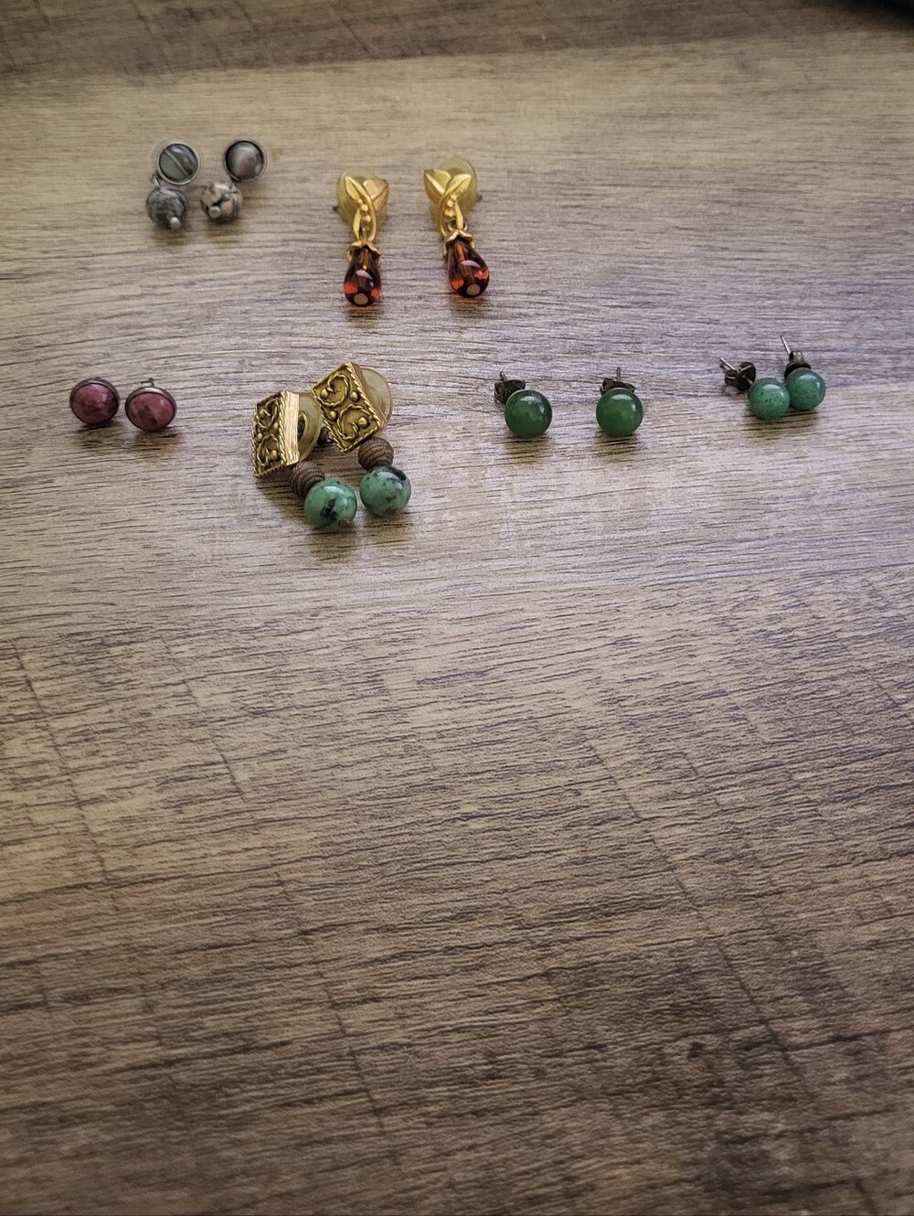 Assorted Women's Stud and Drop Earrings Set - Green, Pink, Gold, Amber (6 Pairs)